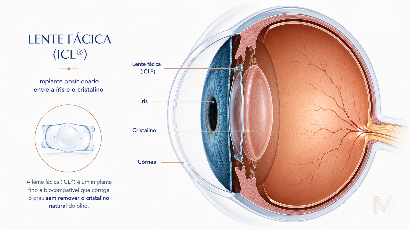 Esquema de lente fácica ICL posicionada entre a íris e o cristalino natural