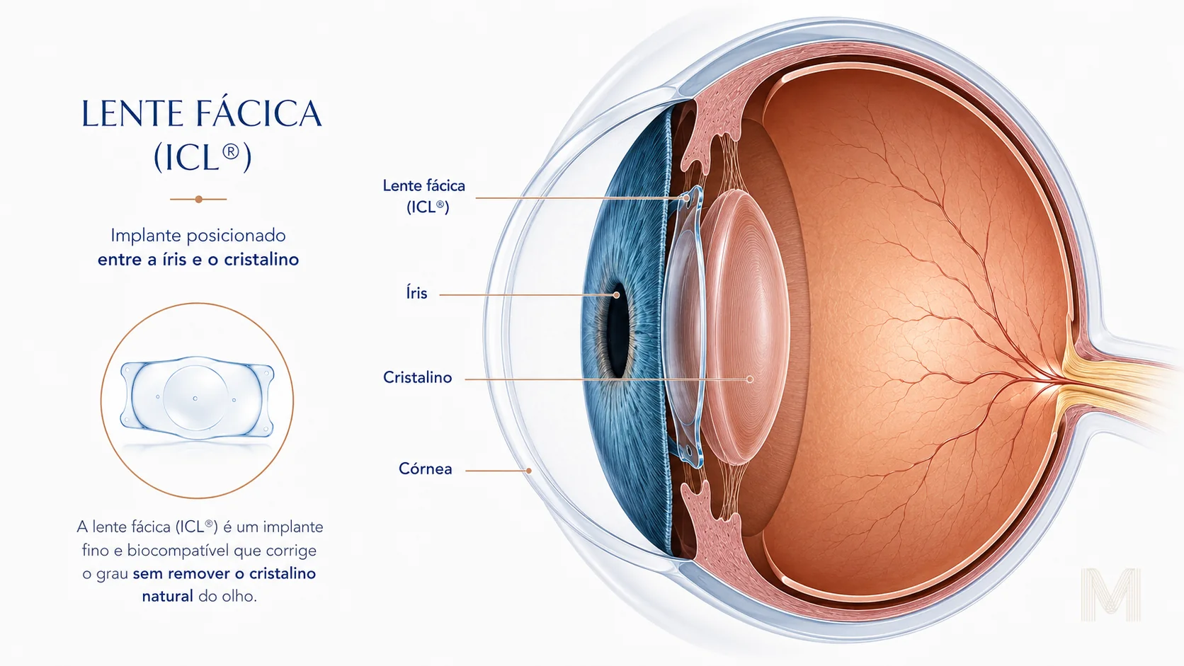 Phakic ICL lens positioned between the iris and natural lens