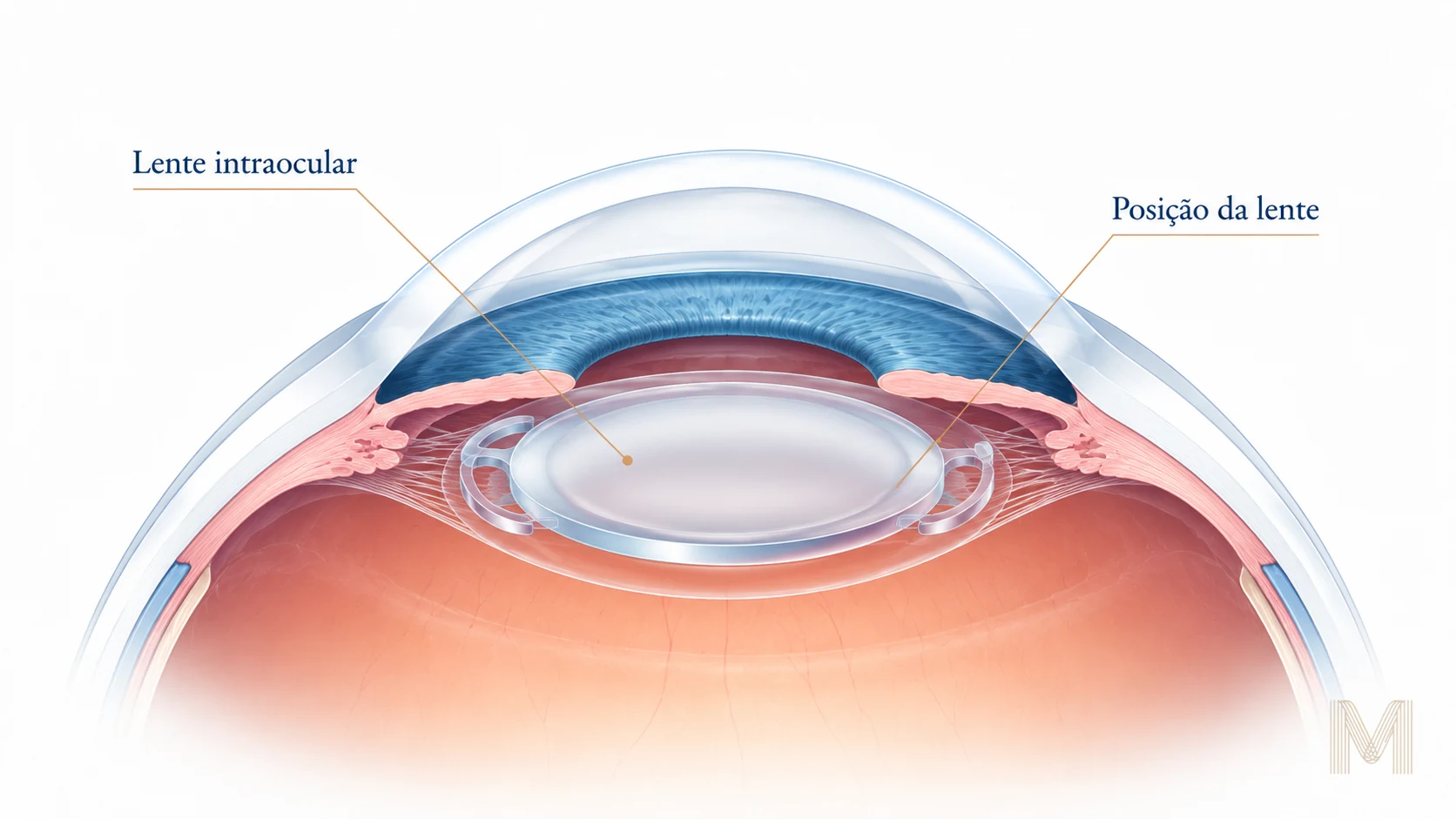 Lente intraocular posicionada dentro do olho após cirurgia de catarata