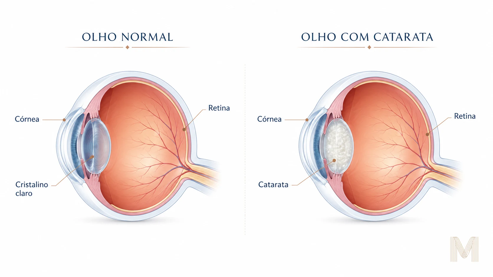 Comparação entre olho normal e olho com catarata, mostrando córnea, retina, cristalino claro e catarata