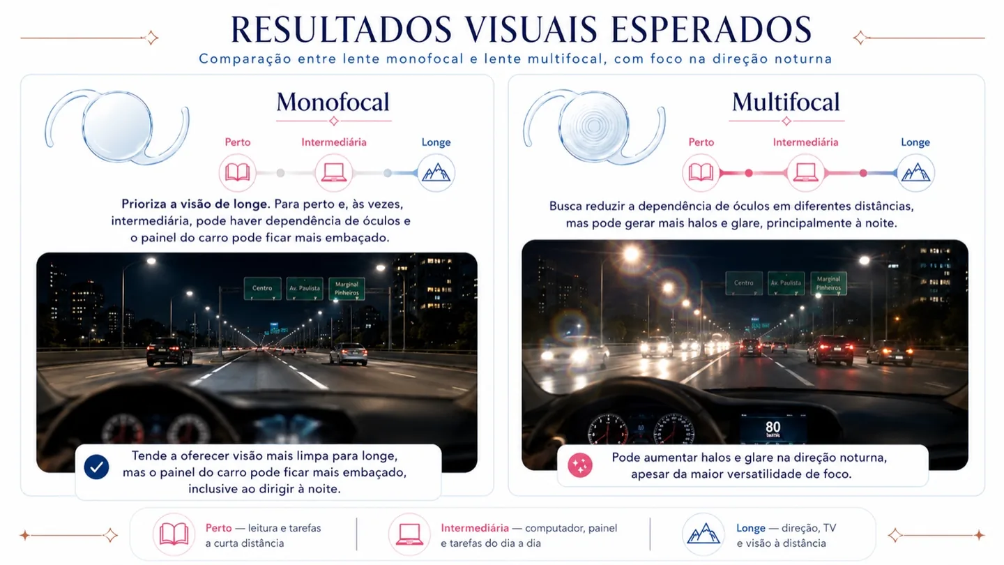 Simulação da visão noturna ao dirigir: comparação entre lente monofocal, com imagem mais limpa para longe, e lente multifocal, que tende a apresentar mais halos e reflexos ao redor das luzes