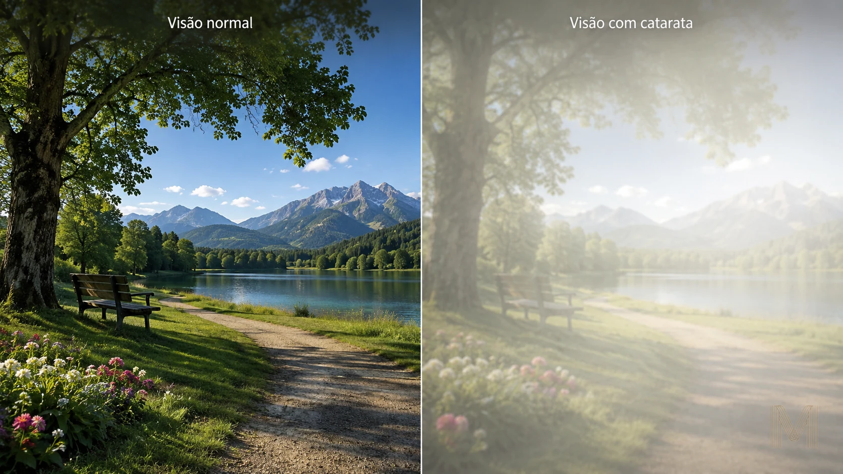 Comparação entre visão normal e visão com catarata durante o dia