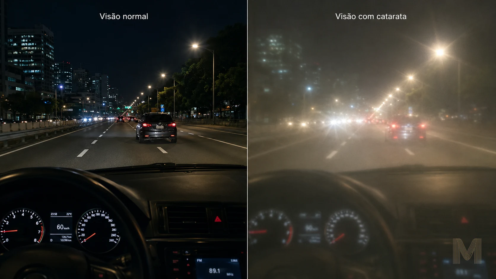 Comparação entre visão noturna normal e visão noturna com catarata, com ofuscamento por luzes