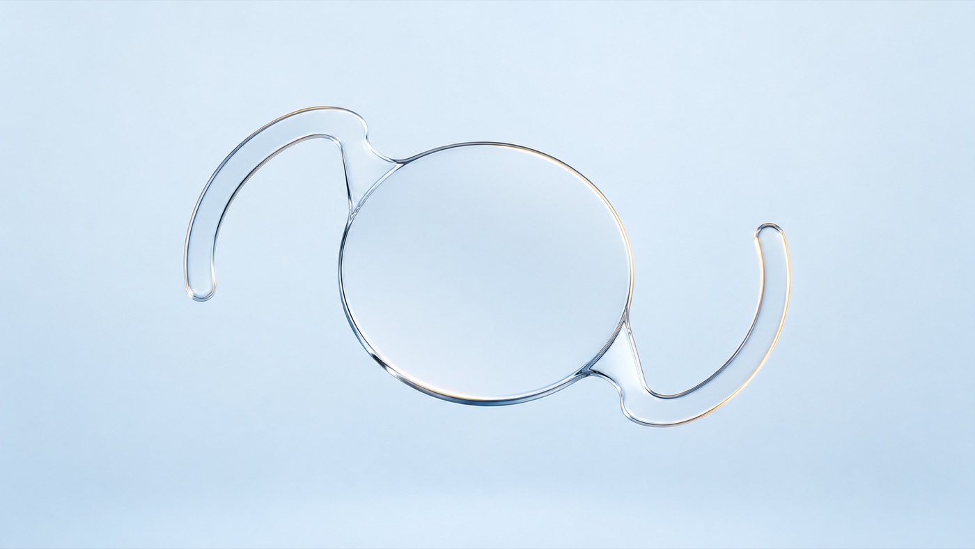 Representação em 3D de uma lente intraocular, com a óptica central e os apoios laterais